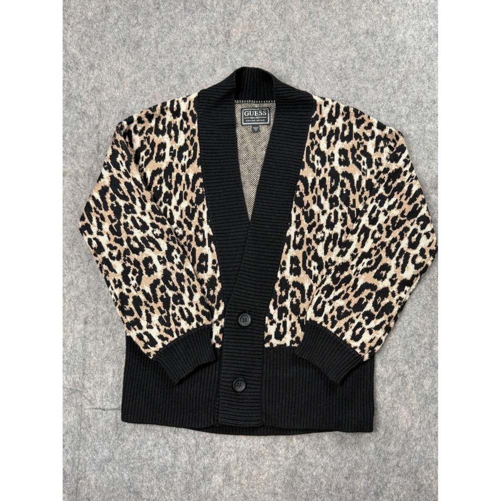GUESS Women Leopard Print‎ Shawl Collar Cardigan Sweater Black Tan Size 8